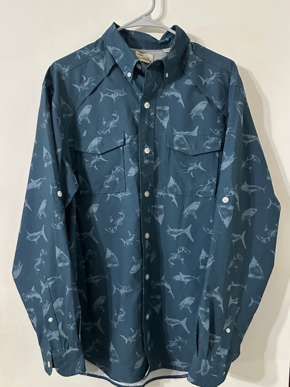 Bob Timberlake Fishing Shark Print Button-Up Shirt in Dusty Teal
